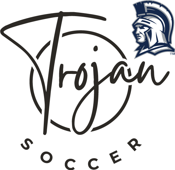 Trojan Soccer logo featuring dark script text for "Trojan" over a circle, "SOCCER" in block letters below, and a navy blue Trojan head profile in the top right corner.