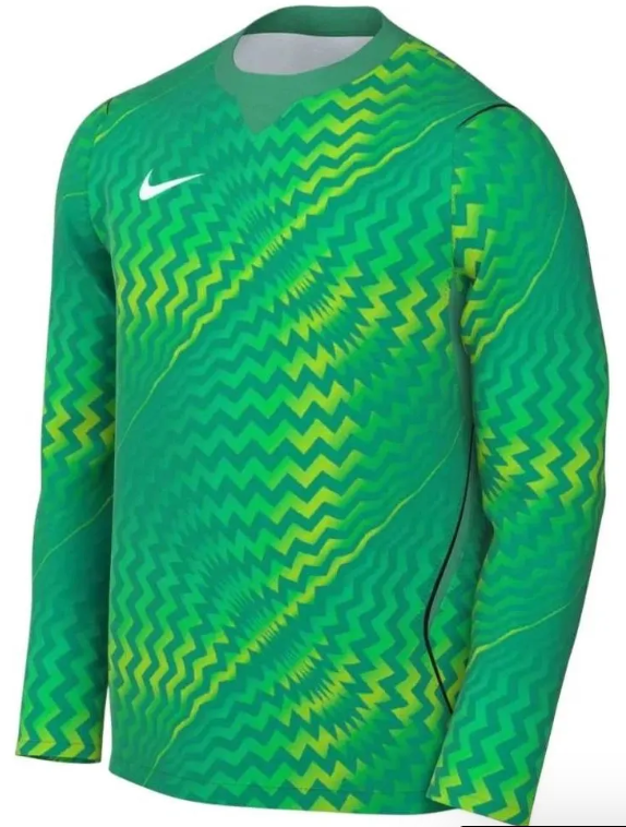 Long-sleeved green Nike goalkeeper jersey featuring a vibrant lime green zigzag pattern and a white Nike swoosh logo on the upper chest.