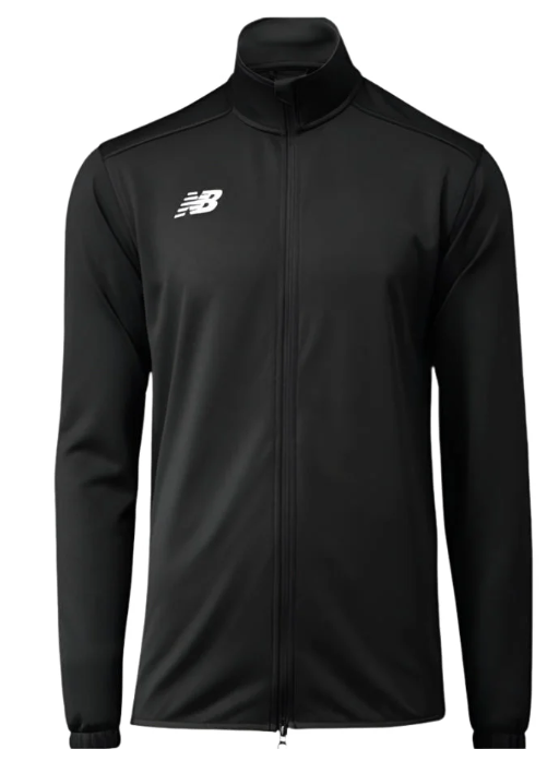 A black long-sleeve New Balance athletic jacket featuring a front zipper, mock neck, and white NB logo on the left chest.