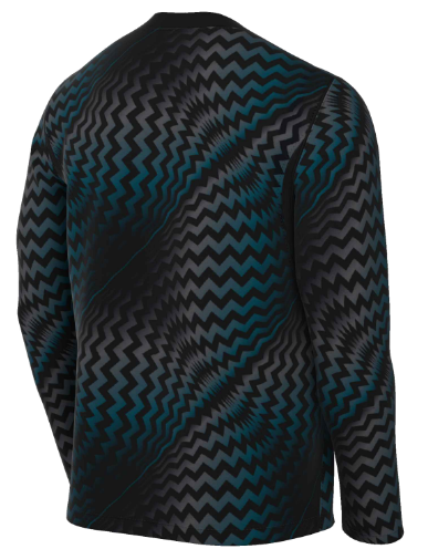 Back view of a long-sleeved shirt featuring a distorted zigzag pattern in shades of black, grey, and teal.