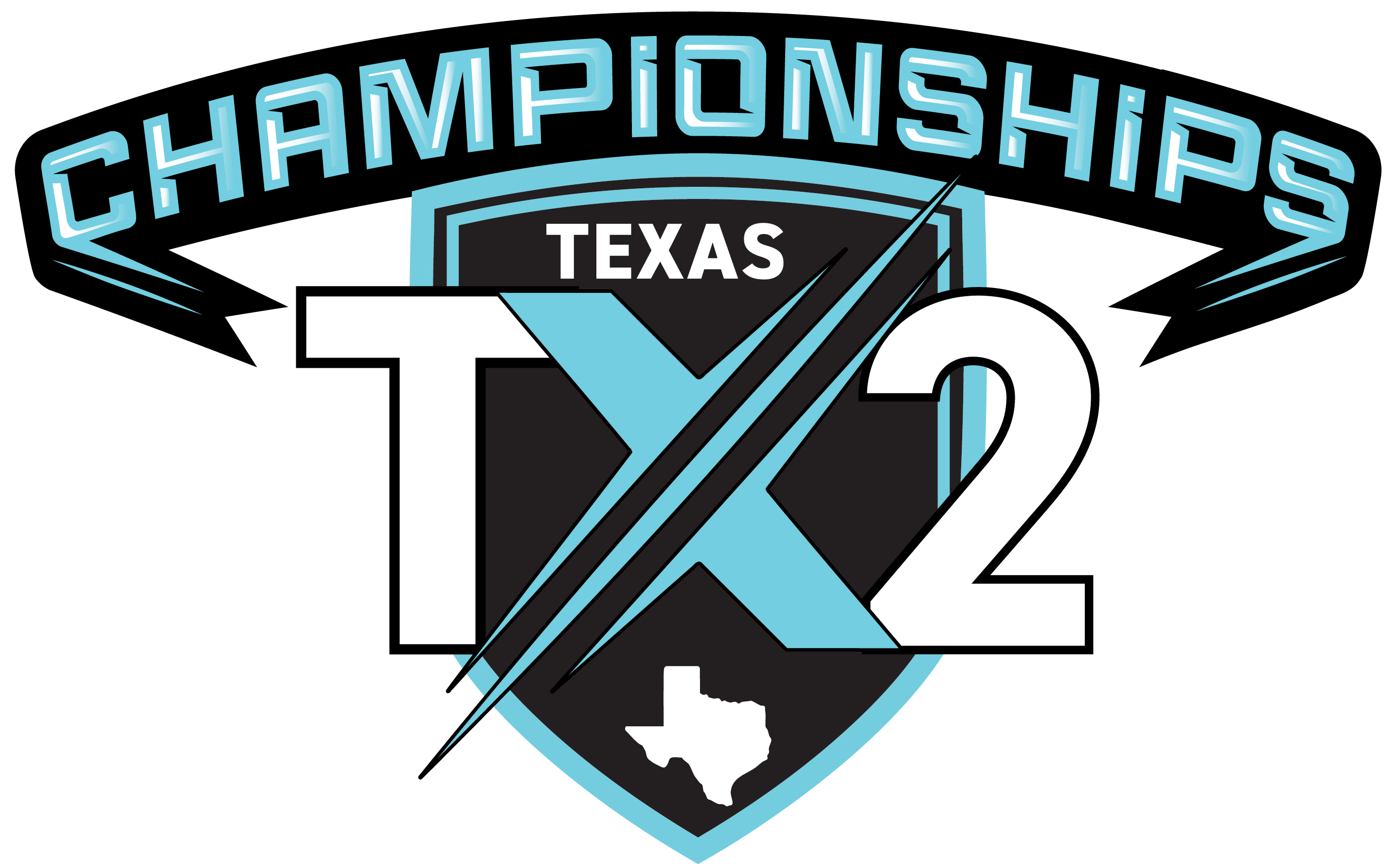 Texas TX2 Championships logo. A black shield with blue trim features a white "T" and "2", a blue "X", a small Texas map, and an arched top banner reading "CHAMPIONSHIPS".