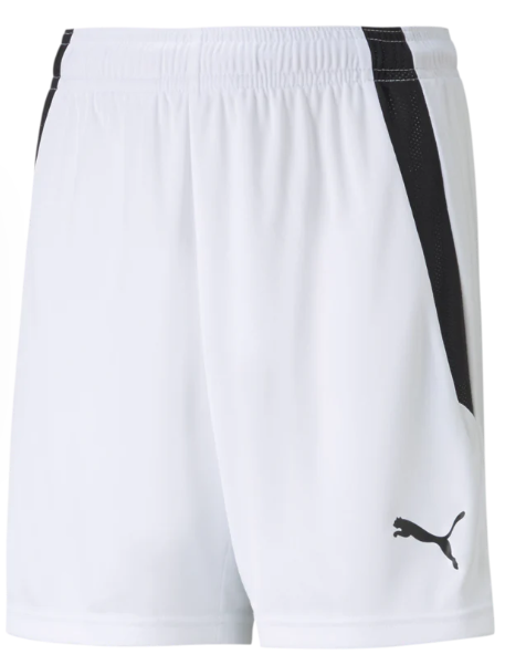 A pair of white athletic shorts with a black Puma logo on the lower right leg and black mesh panels along the sides.