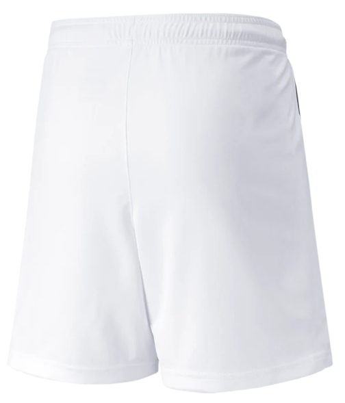 Back view of plain white athletic shorts with an elastic waistband.
