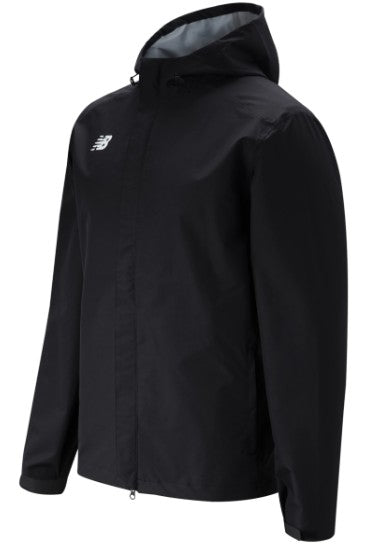 A black New Balance hooded rain jacket featuring a white logo on the chest, a front zipper, and side pockets.