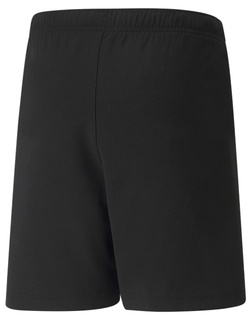 Rear view of solid black athletic shorts featuring an elastic waistband and a central seam.