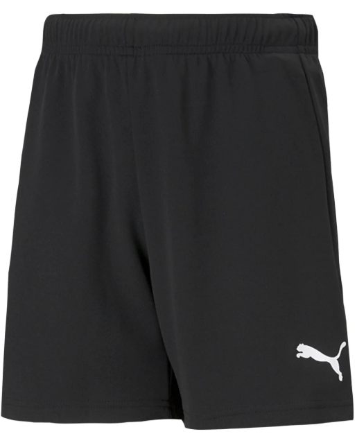 A pair of black athletic shorts with an elastic waistband and a white Puma logo on the bottom right.