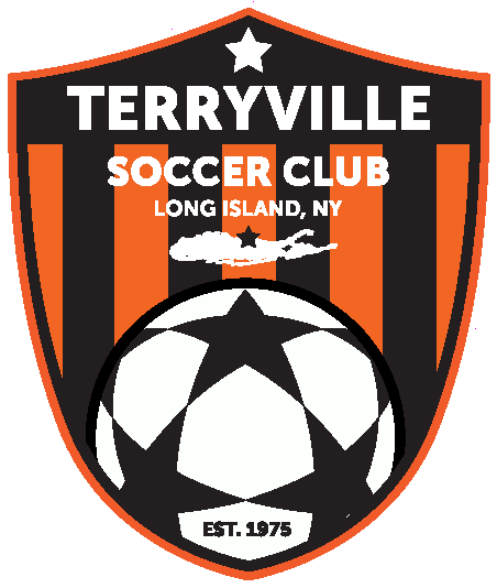 Terryville Soccer Club logo: an orange and black striped shield featuring a map of Long Island, a soccer ball, and the text: TERRYVILLE SOCCER CLUB, LONG ISLAND, NY, EST. 1975.