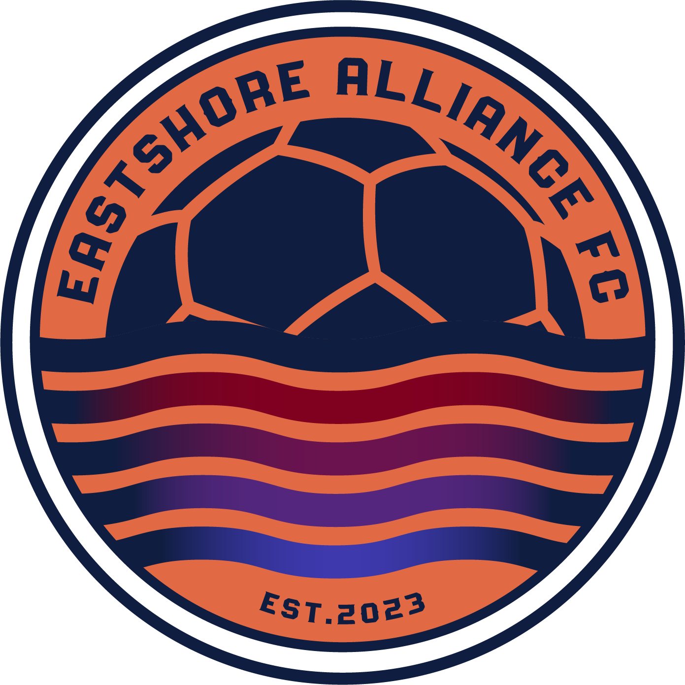 Circular logo for Eastshore Alliance FC featuring a navy and orange soccer ball over colorful, wavy lines. Text reads "EASTSHORE ALLIANCE FC" and "EST. 2023".