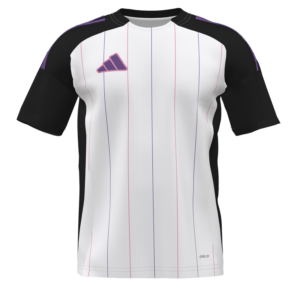 White Adidas jersey with black sleeves, thin pink and purple vertical pinstripes, and a purple logo on the right chest.