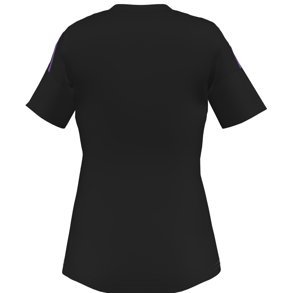 Back view of a black short-sleeved athletic t-shirt featuring three purple stripes on each shoulder.