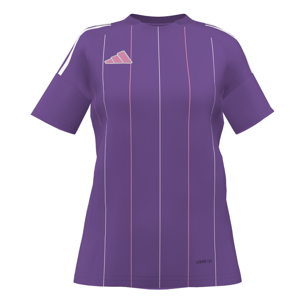 Purple short-sleeved Adidas athletic jersey with thin white and pink vertical pinstripes, three white shoulder stripes, and a pink logo on the chest.