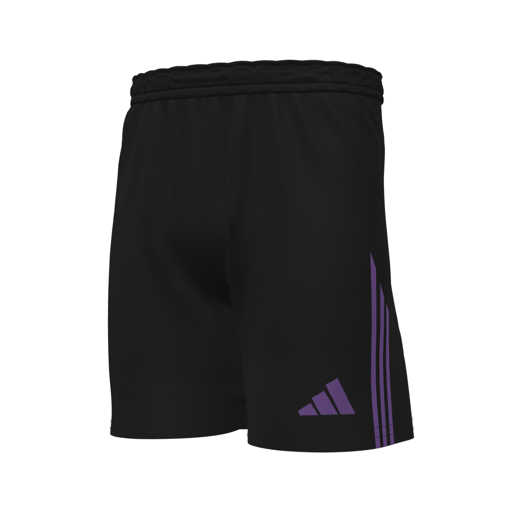 Black Adidas athletic shorts with three purple side stripes and a purple logo on the bottom left leg.