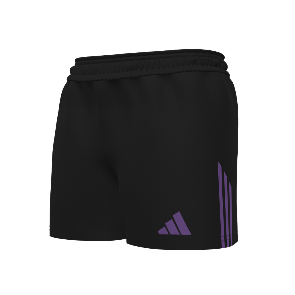 Black Adidas athletic shorts featuring a purple logo and three purple side stripes.