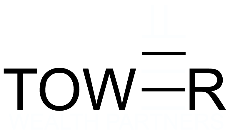 Minimalist logo for Tower Wealth Partners. It features the word "TOW=R" in black capital letters, with faint white text reading "WEALTH PARTNERS" underneath.