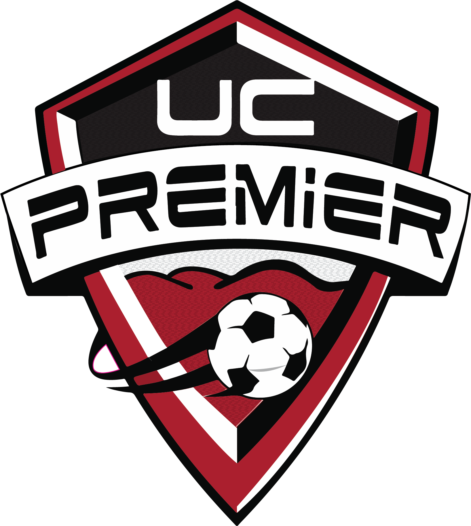 The Union City Premier Crest is a maroon and black shield-shaped logo. It features white "UC" initials at the top and a curved white banner across the center with "PREMIER" in bold black text. The bottom section displays a soccer ball in motion against a maroon background.