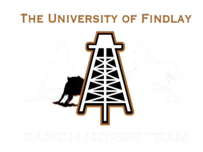 Logo for The University of Findlay Ranch Horse Team. Features white silhouettes of horses and riders flanking an oil derrick graphic on a black background.
