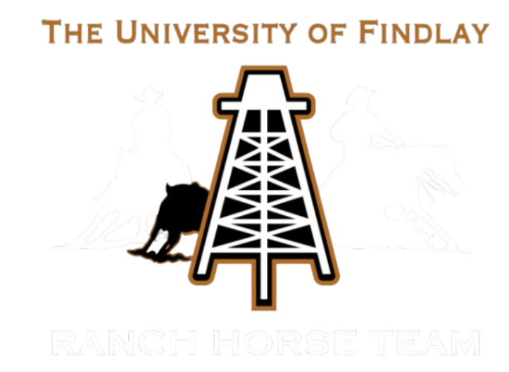 The University of Findlay Ranch Horse Team logo, featuring white silhouettes of horse riders and an oil derrick on a black background.