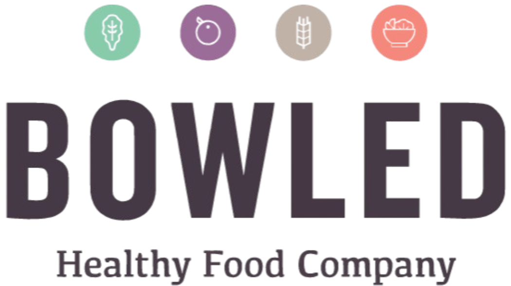 Logo for BOWLED Healthy Food Company. Features four pastel circles with food icons above the company name in large, dark, bold text.