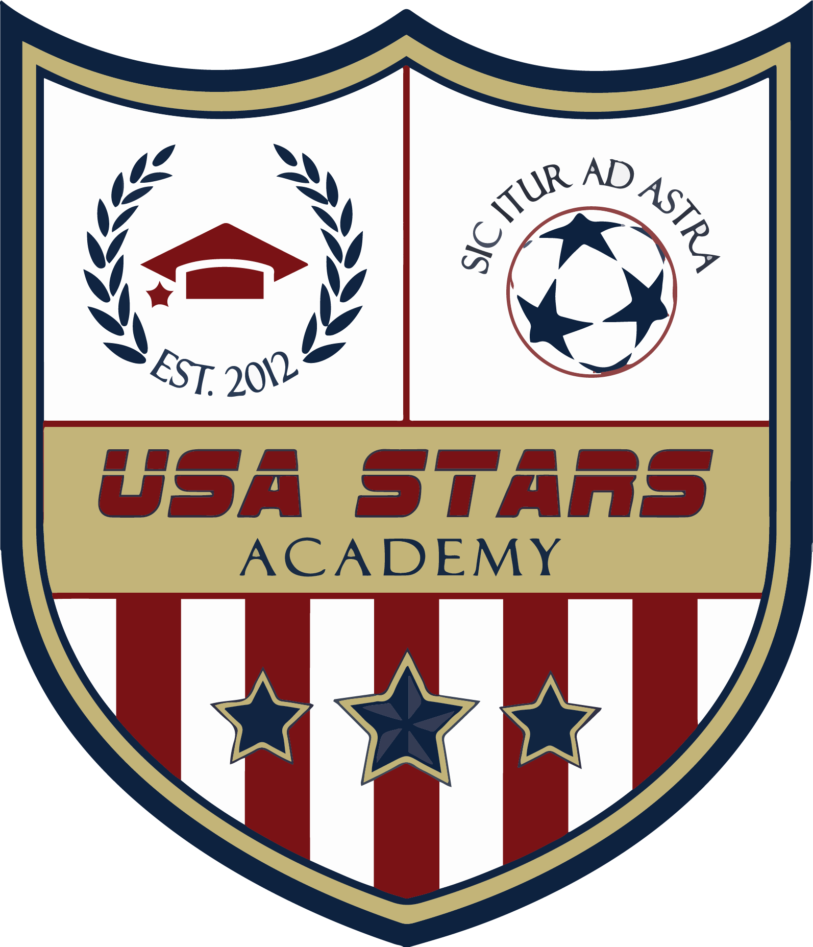 Shield-shaped crest for USA Stars Academy featuring a graduation cap, soccer ball, the Latin motto "SIC ITUR AD ASTRA," and red and white stripes with stars.