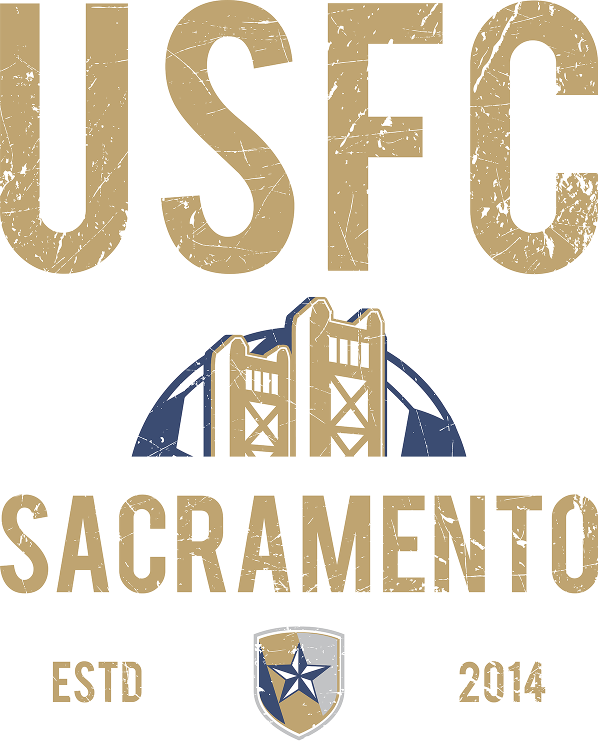 Distressed gold and blue logo for USFC Sacramento featuring a bridge illustration and the text "ESTD 2014" flanking a small star shield.