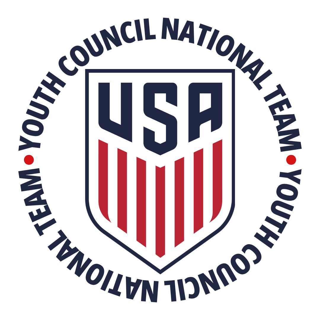 US Soccer shield logo centered within a navy blue circular border reading "YOUTH COUNCIL NATIONAL TEAM" against a black background.