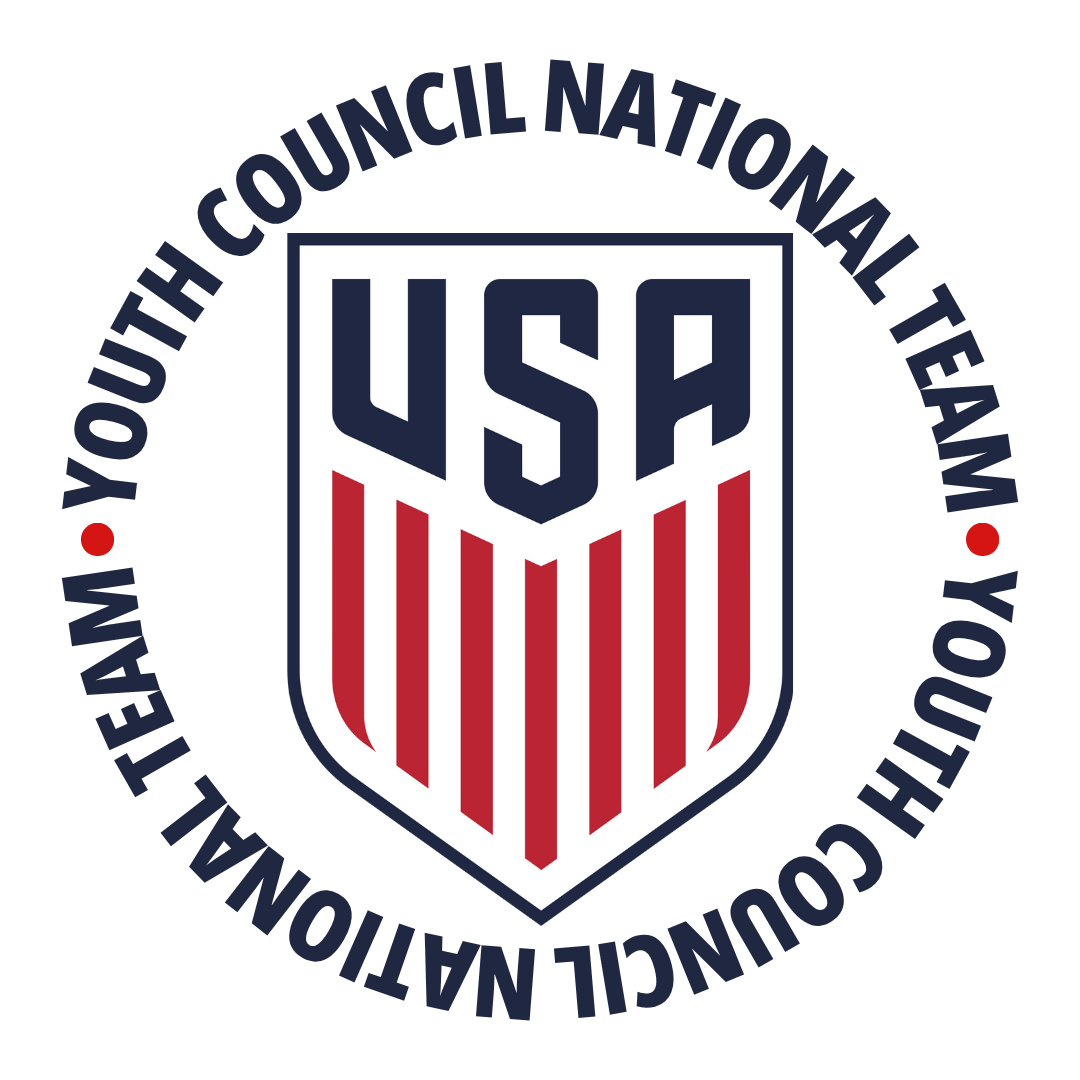 Circular logo for the USA Youth Council National Team with a central shield featuring "USA" and red stripes, surrounded by the team's name repeating in a circular border.