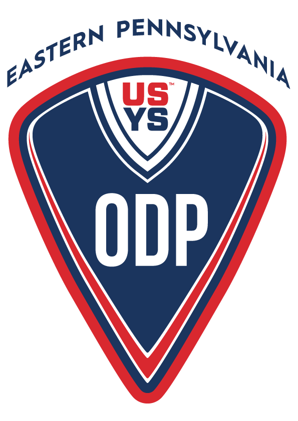 Shield-shaped logo for Eastern Pennsylvania ODP with a navy blue center, red border, and white "ODP" text below a smaller USYS crest.