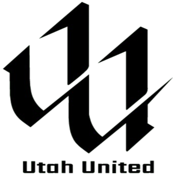 Black and white logo for Utah United, featuring a stylized gothic-style double-U monogram above bold, blocky text.