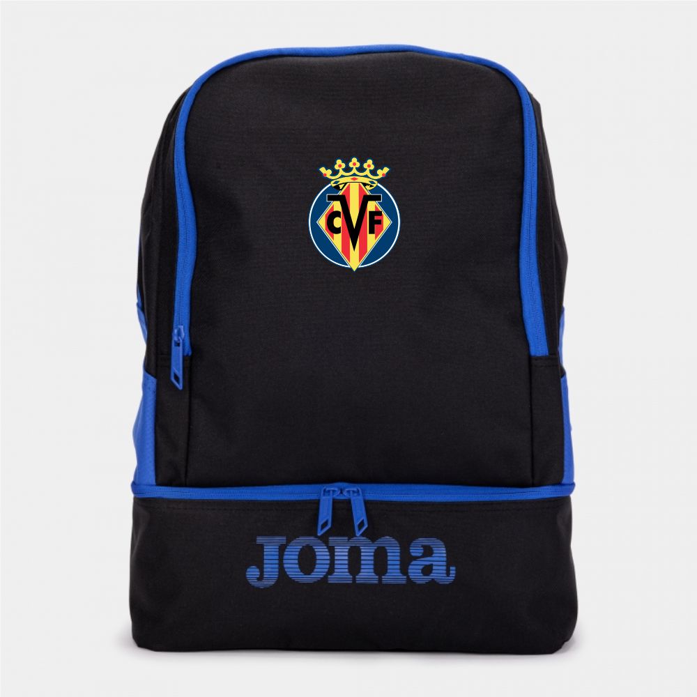 Black Joma backpack with blue trim, featuring the Villarreal CF team logo on the front and a separate bottom zippered compartment.