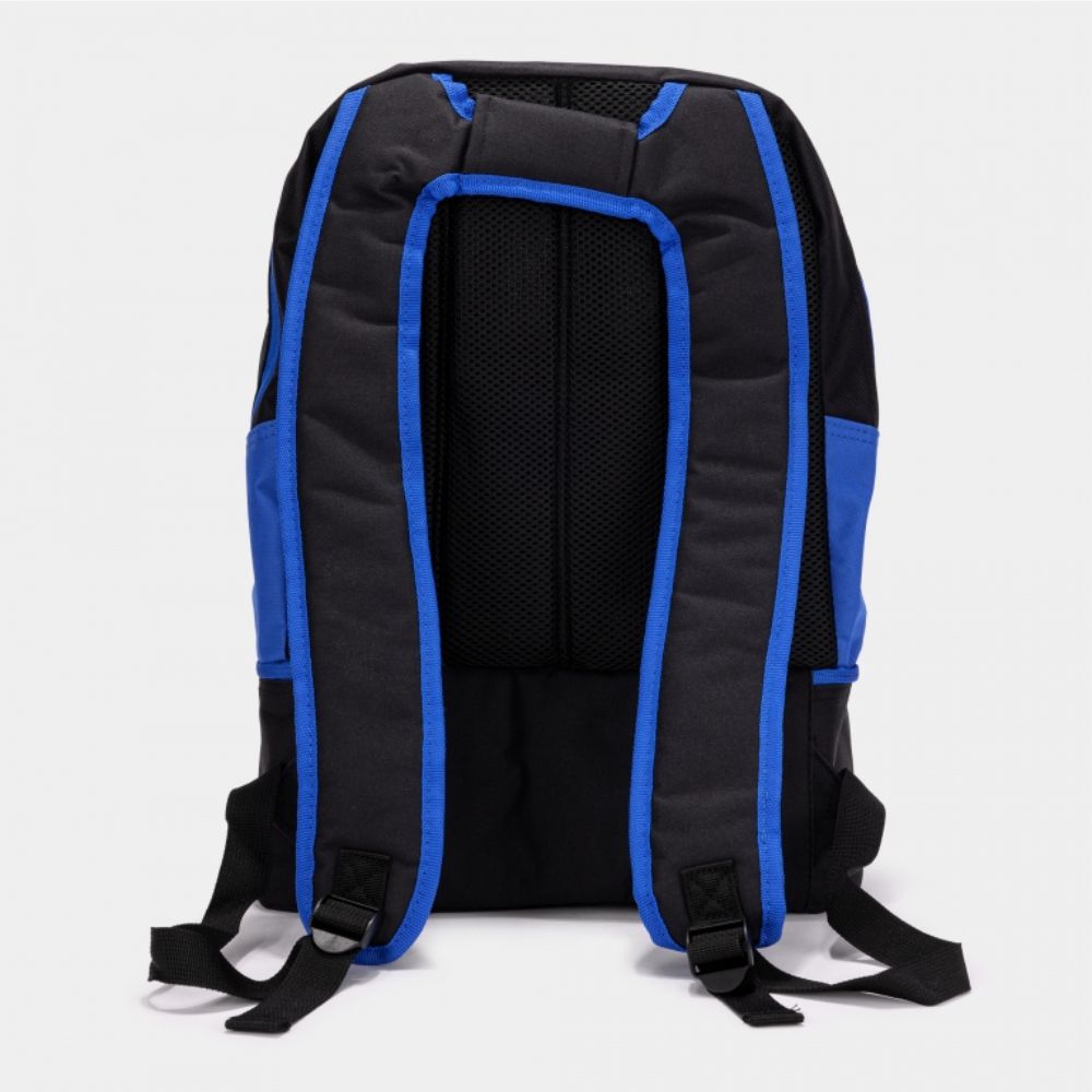 Back view of a black backpack with blue trim on the padded shoulder straps and sides, featuring a mesh back panel and adjustable black straps.