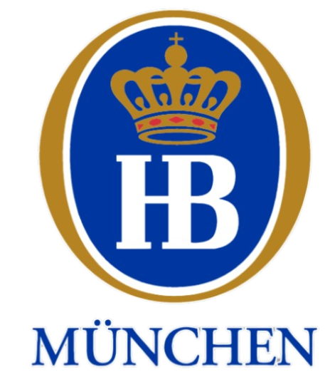 Logo for Hofbräu München brewery, featuring a gold crown over the letters HB in a blue oval, with "MÜNCHEN" written below.