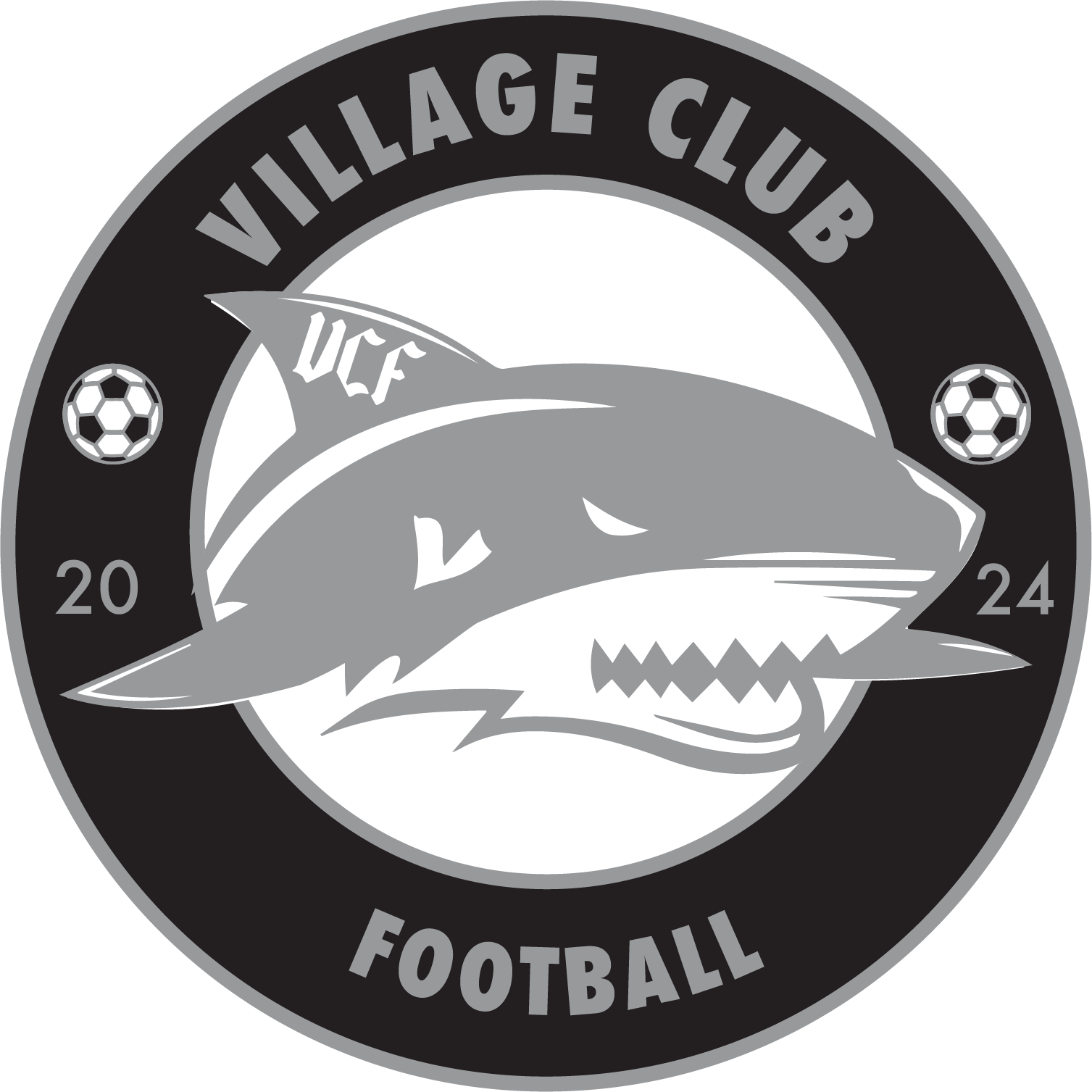 Circular grayscale logo for Village Club Football. A central shark with 'VCF' on its fin is surrounded by soccer balls, the year 2024, and the text 'VILLAGE CLUB FOOTBALL'.