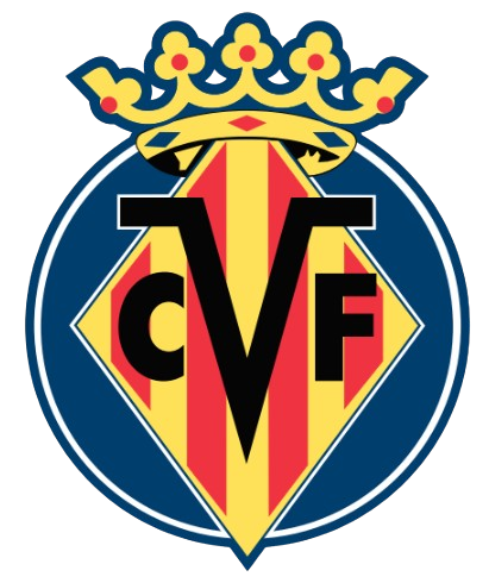 Logo of Villarreal CF featuring a yellow crown above a blue circle with a yellow diamond, red vertical stripes, and black "CVF" initials.