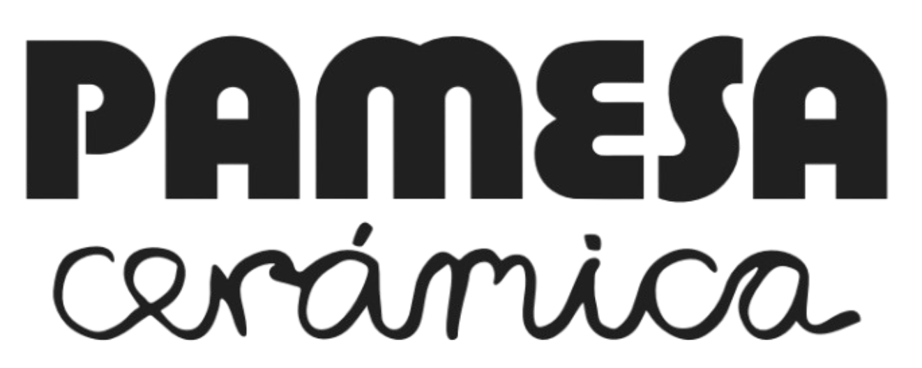 Logo for PAMESA cerámica. "PAMESA" is in a bold, chunky font above "cerámica" in a cursive, handwritten script. Dark grey text on a black background.