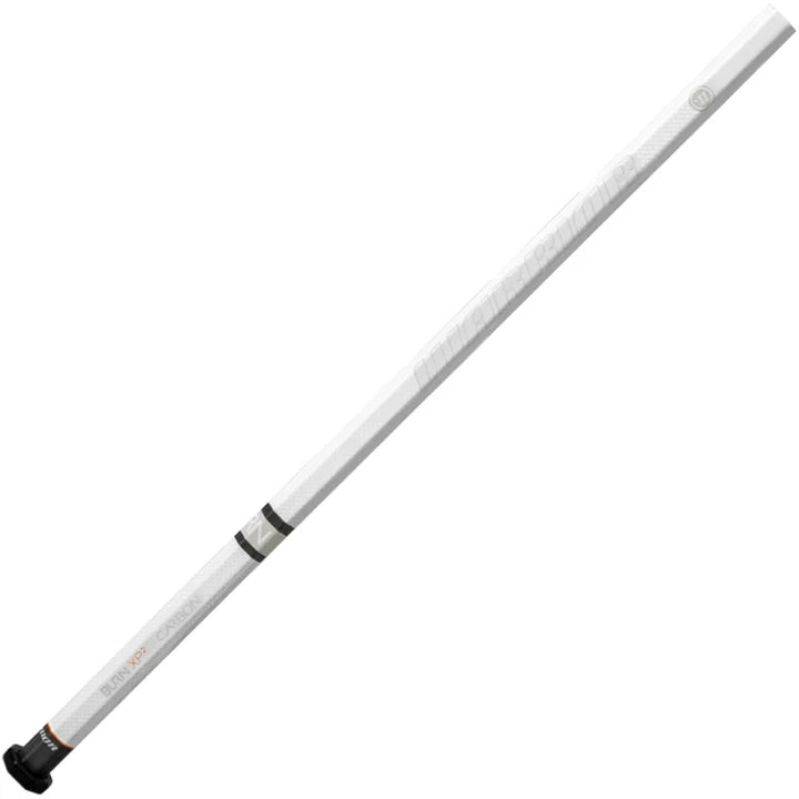 A white Warrior Burn XP2 Carbon lacrosse shaft with a black end cap, shown diagonally against a white background.