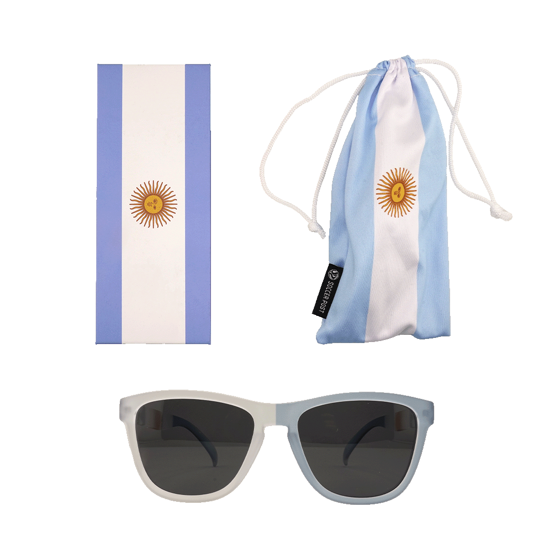 Argentina-themed accessory set featuring sunglasses, a drawstring pouch, and a box, all decorated with the light blue and white national flag colors and sun emblem.