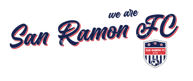 San Ramon FC logo featuring navy script text with red block shadows and a shield crest with stars, stripes, and a soccer ball.