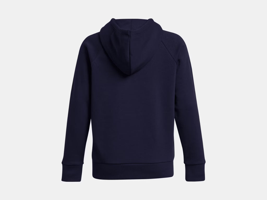 Back view of a plain navy blue hoodie with long sleeves and ribbed trim against a light gray background.
