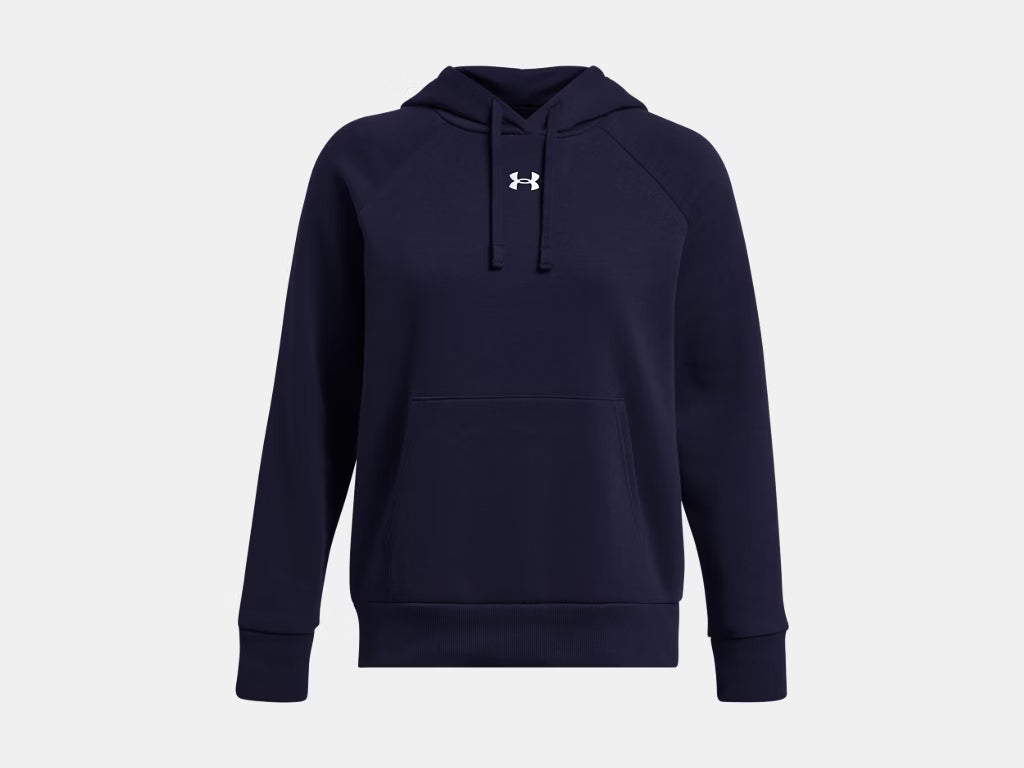 Navy blue Under Armour hoodie with a front kangaroo pocket and a small white logo on the chest.