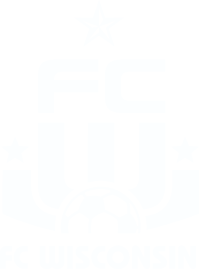 A white logo for FC Wisconsin featuring a stylized "FCW" monogram, three stars, and a soccer ball at the bottom above the text "FC WISCONSIN".