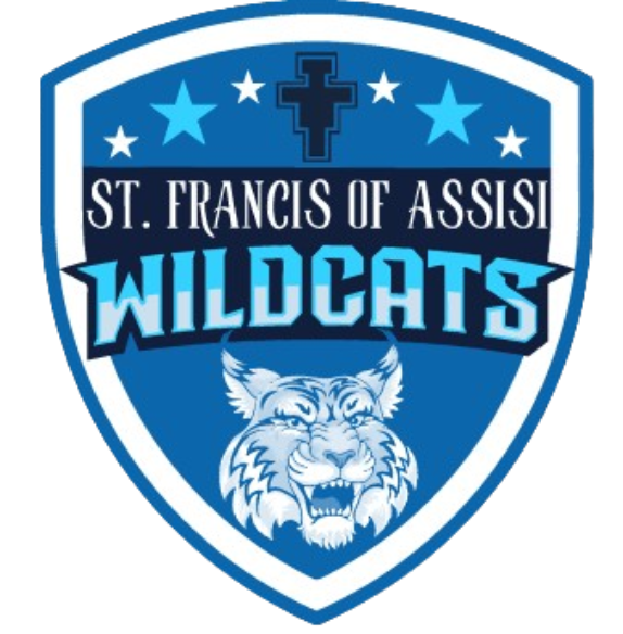 A blue and white shield logo for St. Francis of Assisi Wildcats, featuring a cross, stars, the school name, and a wildcat mascot head.