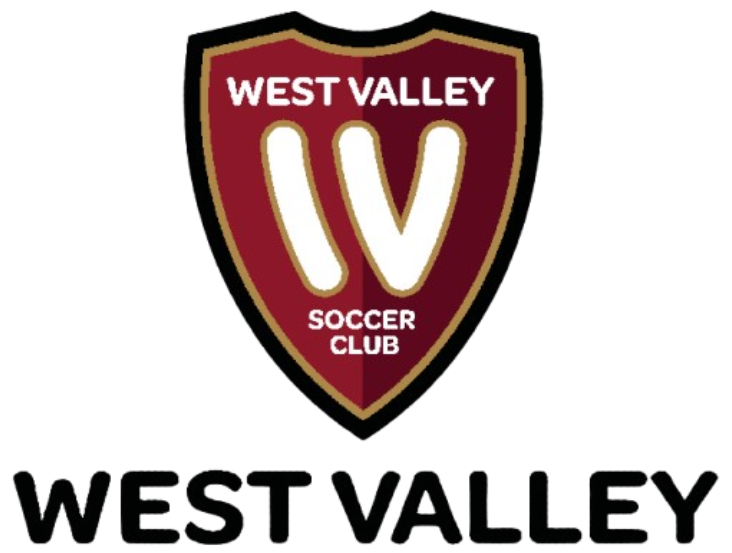 West Valley Soccer Club logo: a maroon shield with a stylized white 'W' and club name, with 'WEST VALLEY' in large black text below.
