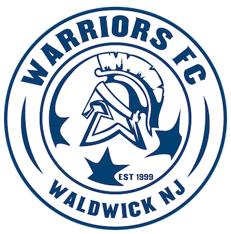 Circular navy blue and white logo for Warriors FC in Waldwick NJ, established in 1999. It features a central Spartan helmet and three stars.