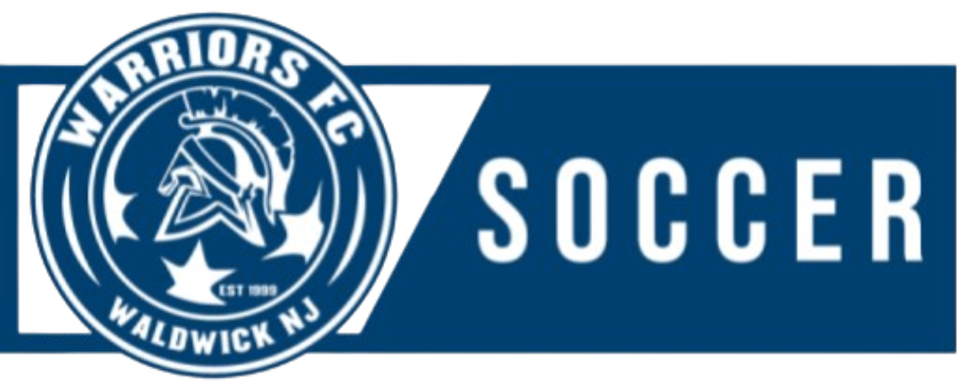 Warriors FC Soccer logo: Navy blue Spartan helmet emblem with "Waldwick NJ" and "Est 1999" next to a blue banner with "SOCCER" in white capital letters.