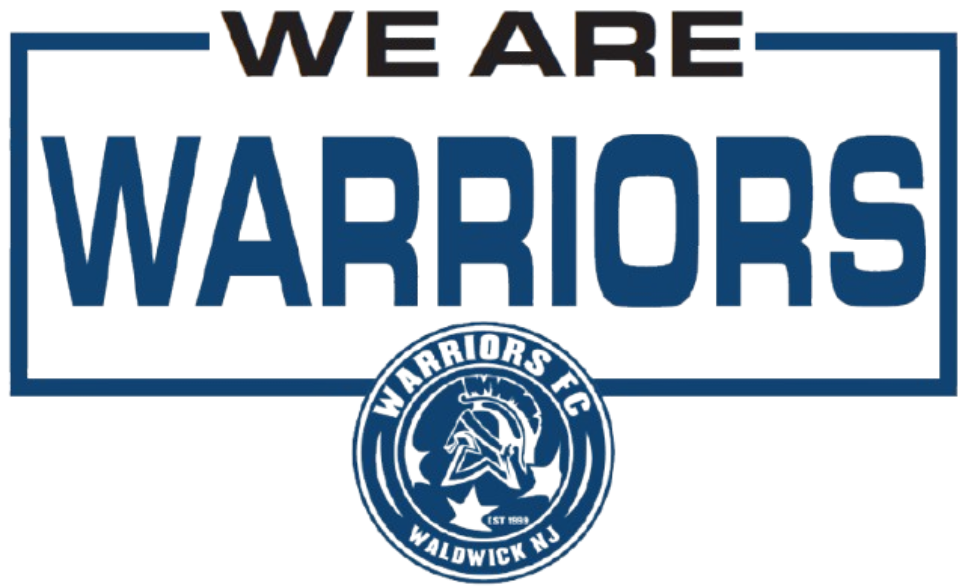 Text graphic "WE ARE WARRIORS" in bold navy blue and black lettering. Below is a circular logo for Warriors FC Waldwick NJ featuring a Spartan helmet and stars.