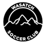 Wasatch Soccer Club logo: a circular black emblem with white mountain outlines in the center, "WASATCH" curved at the top, and "SOCCER CLUB" at the bottom.