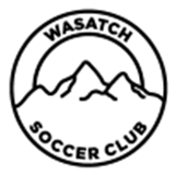 Black and white circular logo for Wasatch Soccer Club featuring a mountain range silhouette in the center with "WASATCH" at the top and "SOCCER CLUB" at the bottom.