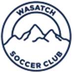 Wasatch Soccer Club logo: A navy blue circular crest with minimalist mountain line art and the club name curved around the top and bottom.