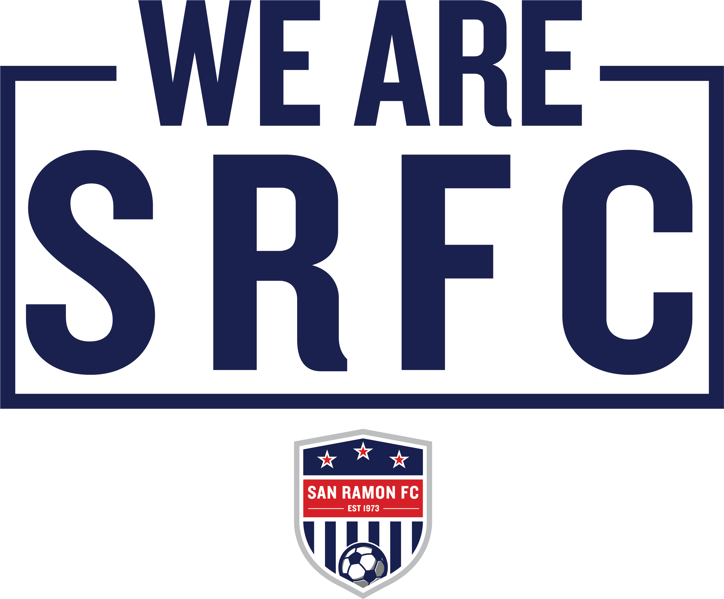 Bold navy text reads "WE ARE SRFC" framed by thin lines. Below is the San Ramon FC club shield featuring a soccer ball, red banner, and "EST 1973" text.