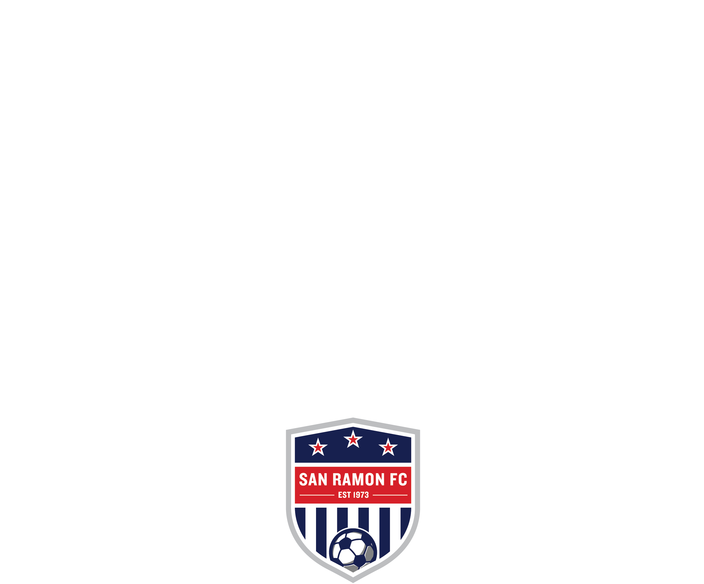 Shield-shaped logo for San Ramon FC featuring three stars, vertical stripes, a soccer ball, and the text "SAN RAMON FC EST 1973".